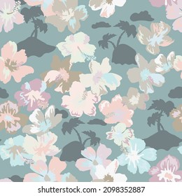 Seamless elegant pattern in tropical cute flowers. Mallow hibiscus blossom. Floral background for swimsuit, textile, wallpaper, pattern fills, covers, surface, print, gift wrap. Shabby chic.