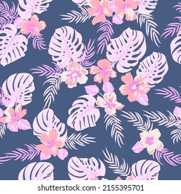 Seamless elegant pattern in tropical cute flowers. Mallow hibiscus blossom. Floral background for swimsuit, textile, wallpaper, pattern fills, covers, surface, print, gift wrap, scrapbooking,decoupage