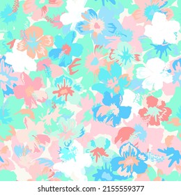 Seamless elegant pattern in tropical cute flowers. Mallow hibiscus blossom. Floral background for swimsuit, textile, wallpaper, pattern fills, covers, surface, print, gift wrap, scrapbooking,decoupage