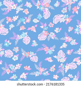 Seamless elegant pattern in tropical cute flowers. Mallow hibiscus blossom. Floral background for swimsuit, textile, wallpaper, pattern fills, covers, surface, print, gift wrap, scrapbooking,decoupage