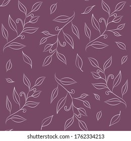 Seamless elegant pattern of white outline leaves and branches with leaves. Design for fabric, packages, wallpaper, paper, packaging, textile