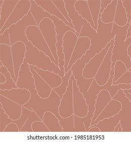 Seamless elegant pattern with white outline leaves on a coral background. The pattern can be used for wrapping papers, invitation cards, wallpapers, covers, textile prints. Vector illustration, eps 10