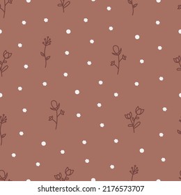 Seamless elegant pink pattern with flowers. Vector hand drawn botanical feminine textile print. Background with pink cute flowers and dots. Decorative minimalistic trendy pattern
