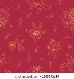 Seamless elegant red pattern with gold flowers zinnia, camomile, daisy, sunflower, rose for textile, bedlinen, pillow, undergarment, wallpaper, packing paper. Vector illustration.