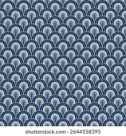 A seamless, elegant scallop pattern in shades of blue, traditional Japanese Seigaiha wave motifs. This intricate geometric design is perfect for wallpapers, textiles, print, tiles, ceramic, background