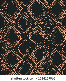 Seamless elegant snake skin texture in a rose gold metallic gradient on dark background. Animal print vector pattern.