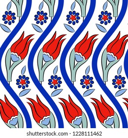 Seamless elegant tulip pattern. Iznik style, Turkish. Endless floral pattern can be used for ceramic tile, wallpaper, linoleum, textile, web page background. Vector illustration. 