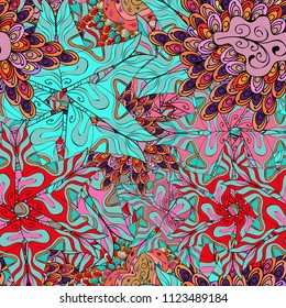 Seamless Elegant vector texture with floral elements. Doodles blue, black and pink on colors.