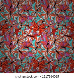 Seamless Elegant vector texture with floral elements. Doodles black, white and orange on colors.