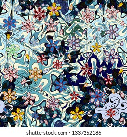 Seamless Elegant vector texture with floral elements. Doodles blue, neutral and black on colors.