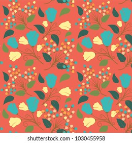 Seamless elegant vintage floral pattern background of tender flowers leaf. Isolated vector illustration.red background, Fabrics, textiles, paper, wallpaper. Retro hand drawn ornament. Vintage style