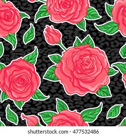 Seamless elegant vintage floral pattern over leopard skin background. Rose flowers, fusion. Titled vector illustration. Fabrics, textile, wrapping paper, wallpaper. Retro kitsch ornament. 