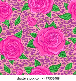 Seamless elegant vintage floral pattern over leopard skin background. Rose flowers, fusion. Titled vector illustration. Fabrics, textile, wrapping paper, wallpaper. Retro kitsch ornament. 