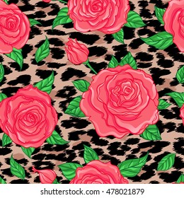 Seamless elegant vintage floral pattern over leopard skin background. Rose flowers, fusion. Titled vector illustration. Fabrics, textile, wrapping paper, wallpaper. Retro kitsch ornament. 