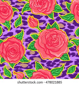 Seamless elegant vintage floral pattern over leopard skin background. Rose flowers, fusion. Titled vector illustration. Fabrics, textile, wrapping paper, wallpaper. Retro kitsch ornament. 