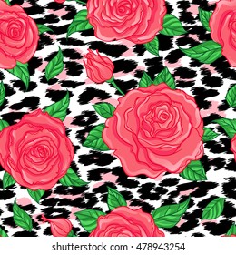 Seamless elegant vintage floral pattern over leopard skin background. Rose flowers, fusion. Titled vector illustration. Fabrics, textile, wrapping paper, wallpaper. Retro kitsch ornament. 