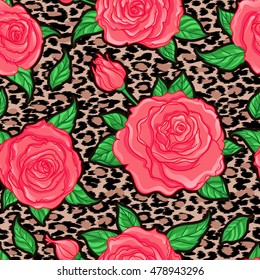 Seamless elegant vintage floral pattern over leopard skin background. Rose flowers, fusion. Titled vector illustration. Fabrics, textile, wrapping paper, wallpaper. Retro kitsch ornament. 