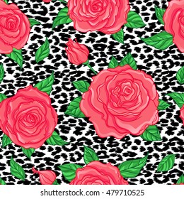 Seamless elegant vintage floral pattern over leopard skin background. Rose flowers, fusion. Titled vector illustration. Fabrics, textile, wrapping paper, wallpaper. Retro kitsch ornament. 