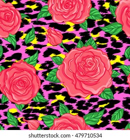 Seamless elegant vintage floral pattern over leopard skin background. Rose flowers, fusion. Titled vector illustration. Fabrics, textile, wrapping paper, wallpaper. Retro kitsch ornament. 