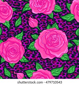 Seamless elegant vintage floral pattern over leopard skin background. Rose flowers, fusion. Titled vector illustration. Fabrics, textile, wrapping paper, wallpaper. Retro kitsch ornament. 