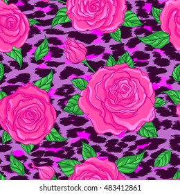 Seamless elegant vintage floral pattern over leopard skin background. Rose flowers, fusion. Titled vector illustration. Fabrics, textile, wrapping paper, wallpaper. Retro kitsch ornament. 