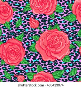 Seamless elegant vintage floral pattern over leopard skin background. Rose flowers, fusion. Titled vector illustration. Fabrics, textile, wrapping paper, wallpaper. Retro kitsch ornament. 