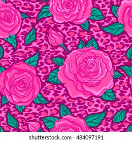 Seamless elegant vintage floral pattern over leopard skin background. Rose flowers, fusion. Titled vector illustration. Fabrics, textile, wrapping paper, wallpaper. Retro kitsch ornament. 