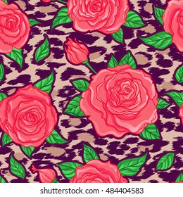 Seamless elegant vintage floral pattern over leopard skin background. Rose flowers, fusion. Titled vector illustration. Fabrics, textile, wrapping paper, wallpaper. Retro kitsch ornament. 