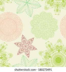 Seamless elegant vintage green pattern with hand drawn flowers