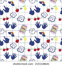 Seamless element template for mental math school on white background. Math course and creative kids. Finger counting and fruit. Math. Wooden counting. Modern design background vector illustration.