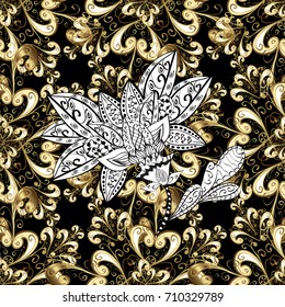 Seamless element woodcarving. Black tree with gold trim. Furniture in classic style. Luxury furniture. Pattern on black background with golden elements. Small depth of field. Carving. Patina.