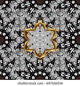 Seamless element woodcarving. Carving. Small depth of field. Luxury furniture. Brown tree with gold trim. Patina. Pattern on brown background with golden elements. Furniture in classic style.