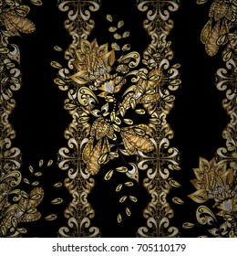 Seamless element woodcarving. Pattern on black background with golden elements. Small depth of field. Patina. Furniture in classic style. Luxury furniture. Backdrop with gold trim. Carving.