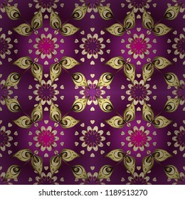 Seamless element woodcarving. Purple, brown and yellow backdrop with gold trim. Luxury furniture. Furniture in classic style. Pattern on purple, brown and yellow colors with golden elements. Patina.