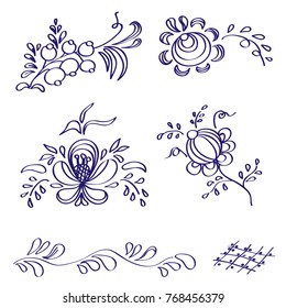 Seamless elements.  Ink handwritten sketch.  Decorative Gzel ornament.