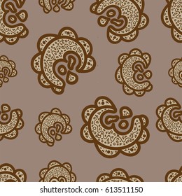 Seamless pattern. Doodle elements on beige background. Ornaments for web, wrapping paper, print, fabric, textile design. Monochrome vector illustration. Brown texture. Abstract backdrop. Aztec style.