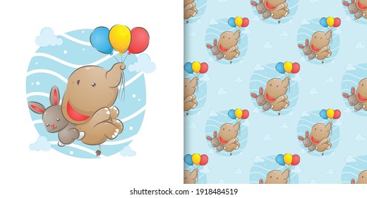 The seamless of the elephant flying with the balloons and the rabbit is hugging him of illustration