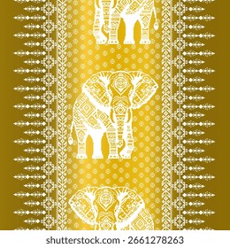 "Seamless Elephant and Geometric Pattern - White on Gold" Dieses nahtlose Muster ist von traditioneller Eleganz inspiriert und bietet eine Mischung aus Elefanten- und geometrischen Mustern.