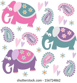 Seamless elephant kids pattern wallpaper background with flowers and heart, vector illustration