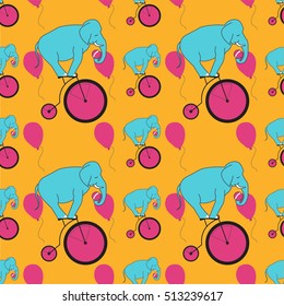 Seamless elephant on the bicycle. Vector illustration circus elephant.