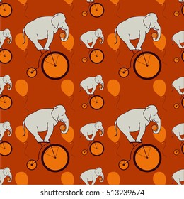 Seamless elephant on the bicycle. Vector illustration circus elephant.