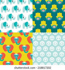 Seamless elephant patchwork hamsa and peace sign illustration background pattern in vector