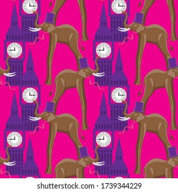 seamless elephant pattern in the hat and tie the building with the clock on a pink background. Vector image eps 10