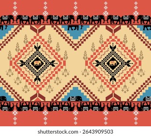Seamless Elephant pixel art ethnics pattern, Traditional Ukrainian Cross-Stitch Embroidery - Detailed Vector.