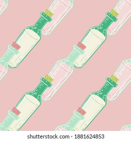 Seamless elixir pattern with white and green bottles. Pink pastel background. Withcraft print. Designed for fabric design, textile print, wrapping, cover. Vector illustration