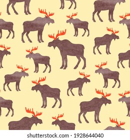 Seamless elk pattern. Vector watercolor moose silhouette background.