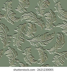 Seamless emboss 3d vector pattern of Baroque style ornate vintage leaves on olive green background. Elegant botanical relief design with embossed texture and golden contours. Endless surface texture.