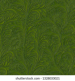 Seamless embossed (with highlights and shadows) pattern with floral motif (leaves and twigs) in green tone.