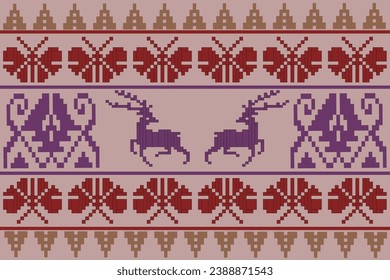 Seamless embroidered fabric pattern, deer and insects, flowers.vector