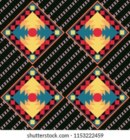 Seamless embroidered floral pattern. Raster luxurious flowers, vintage black, red and pink colors.